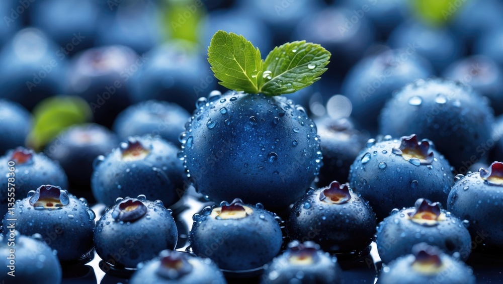 Aufkleber drops of water on a ripe sweet blueberry. fresh blueberry backdrop with space for text. vegan and ve