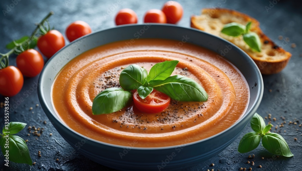 Poster tasty tomato cream soup presented on a textured table. space available for text.