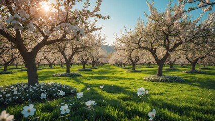 Obraz premium Incredible ornamental garden featuring flourishing trees on a sunny day. Seasonal backdrop. Flowering orchard during springtime. Picturesque view of trees in a striking garden. Beauty of Earth.