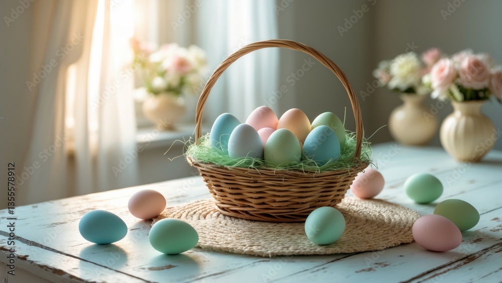 Poster easter vibrant eggs in a basket on a light wooden table. cheerful background with space for text.