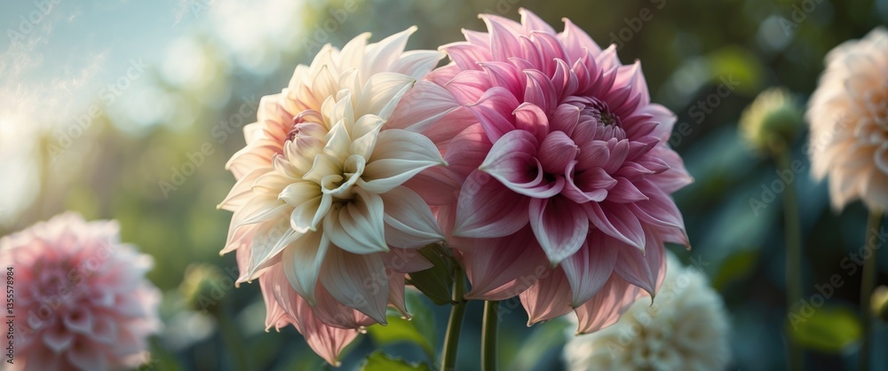 Poster duet dahlia flower bulb bloom with two colors close-up image