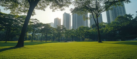 Lush Green Park Amidst Tall City Buildings with Sunlight Filtering Through Trees