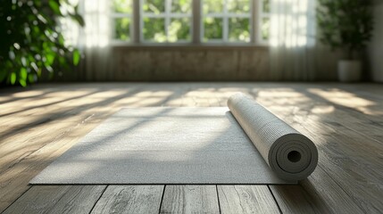 Rolled yoga mat on wooden floor in sunlit room.