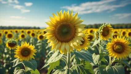 Obraz premium Large yellow sunflowers have blossomed in a farm field. The agricultural industry, production of sunflower oil, and honey. Healthy ecology, organic farming, and a nature background.