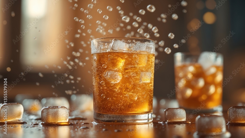 Poster detail of cider with ice cubes in a glass. extreme close-up, background of fresh beverages.