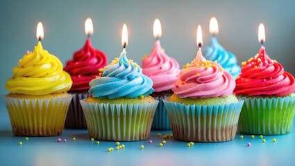 Different colorful birthday cupcakes with lit candles on a light blue table