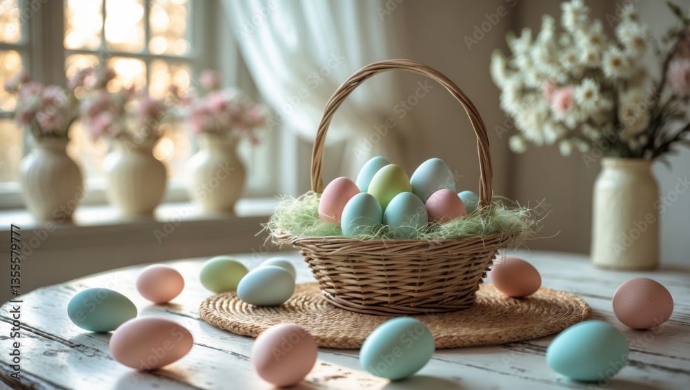 Aufkleber easter vibrant eggs in a basket on a white wooden surface. joyful backdrop with space for text.