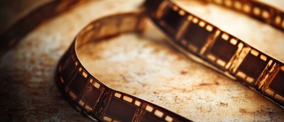 Vintage Film Strip on a Rustic Background, Capturing Nostalgia and the Art of Cinema
