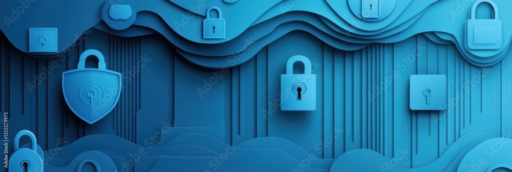 Leinwandbilder cybersecurity theme in layered paper art style featuring locks, encrypted codes, and shields with mo