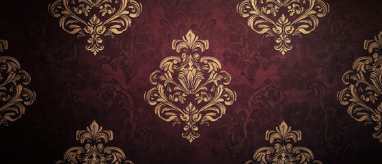 Elegant Ornate Floral Wallpaper Design with Deep Maroon Background and Gold Patterns for Luxury Interiors and Vintage Themes