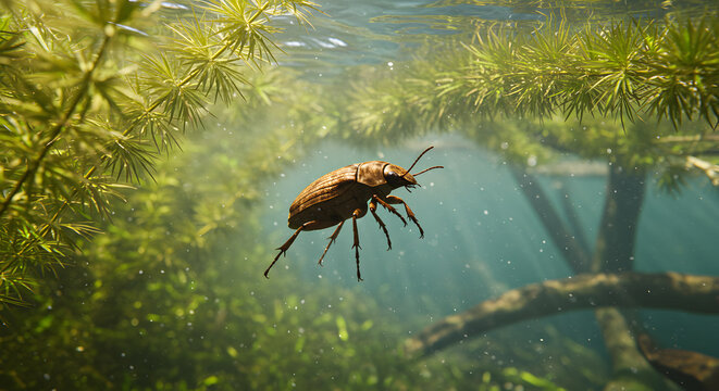 Magnificent diving beetle gracefully navigating its underwater ecosystem habitat