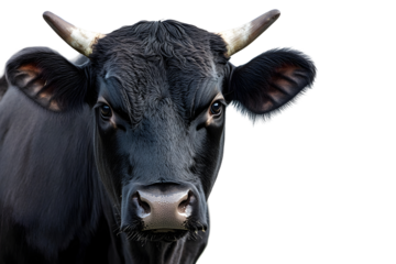 Close up portrait of a black cow with intense gaze