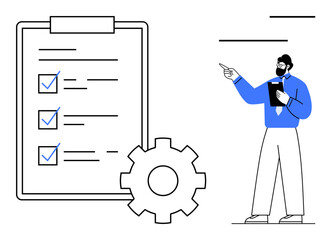 Presenter with checklist, checkmarks, and cogwheel highlighting workflow, task delegation, and productivity. Ideal for project planning, goal tracking, efficiency, workflow design organization