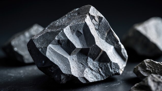 Iron ore stones on a black background, utilized in industry.