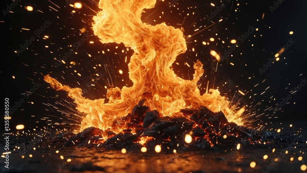 Poster detail of fire sparks isolated on a backdrop. abstract fiery background.