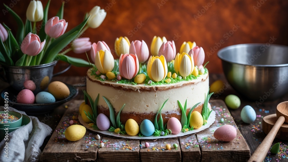 Poster easter cake decorated with tulips and eggs, set among baking tools, viewed from above with an orange