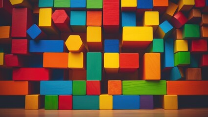 Colorful wooden block backdrop. Concept of logical thinking and education. Geometric shapes cubes in varied colors.