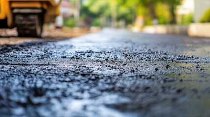 Fototapeta premium Close-up of a freshly poured concrete road with smooth finishing, emphasizing infrastructure development and urbanization.