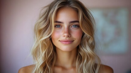 Fototapeta premium Blonde woman smiling indoors with blurred background