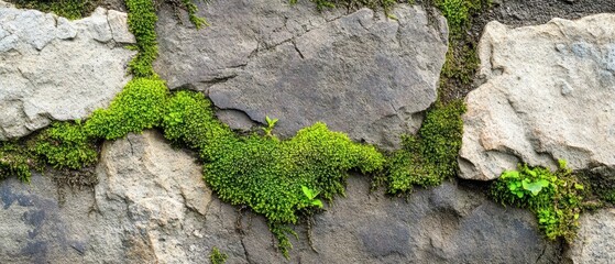 Lush Green Moss Growing on Ancient Gray Stone Wall, Natural Texture in Urban Landscape, Nature's Resilience and Beauty