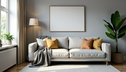 Cozy corner in gray living room with plush sofa and throw pillows, comfortable, contemporary, relaxation
