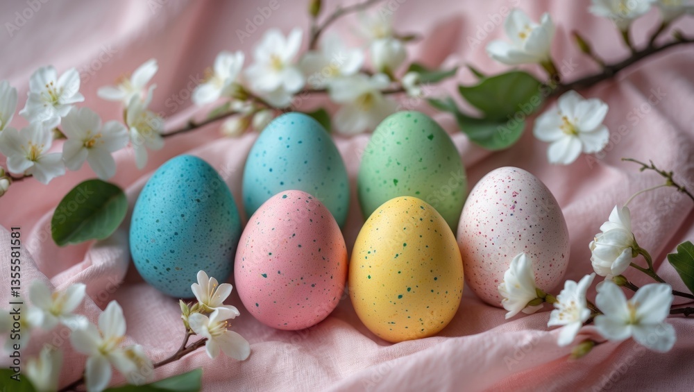 Poster easter eggs displayed on a fabric backdrop adorned with spring blossoms.