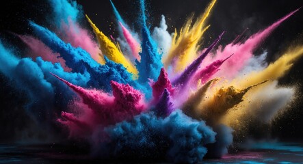 Colorful powder explosion against a dark background. Printing industry business, manufacturing, beautiful party festival concept.