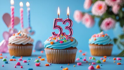 Coming of age celebration - Tasty cupcake with number-shaped candles against a light blue backdrop, room for text.
