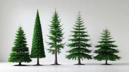 Obraz premium Collection of conifer trees featuring green trees isolated on a white background.