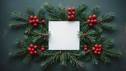 Creative arrangement of Christmas tree branches featuring a paper card note. Flat lay. Nature theme.
