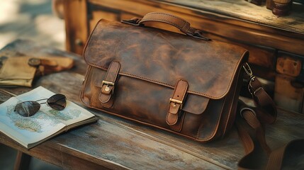 Rustic brown leather satchel bag sits on wooden bench with map and sunglasses.