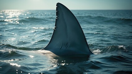 Fototapeta premium Dorsal fin of great white shark visible in the Bay.