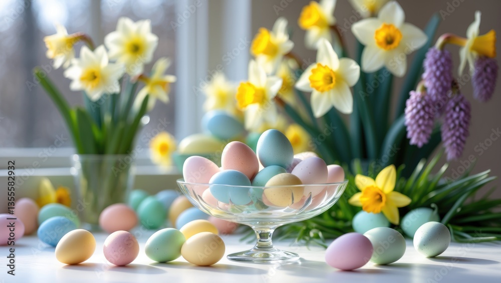 Poster easter eggs and spring blooms arranged on a white table
