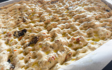 Homemade Italian Focaccia Dough with Sun-Dried Tomatoes and Basil – Ready to Bake