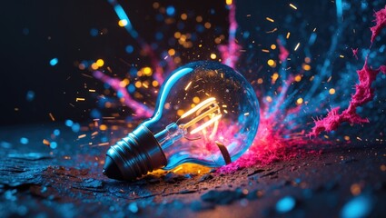 Detail of a tungsten filament electric light bulb captured at the moment it is struck by a bullet, high-speed studio photography.