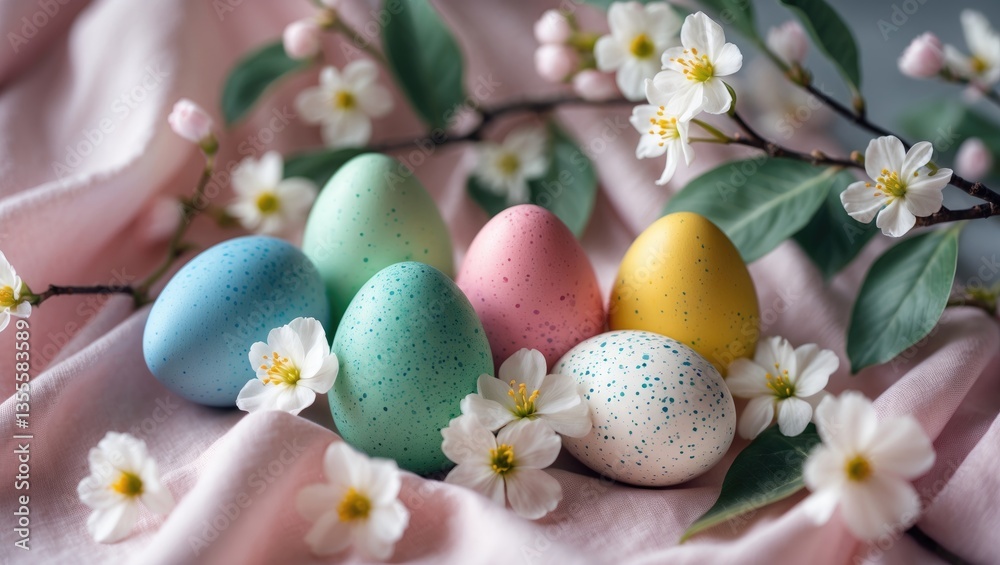 Poster easter eggs arranged on a fabric backdrop accompanied by spring blossoms.