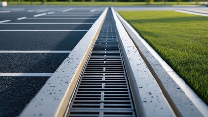 Drainage element in interlocking paving concrete gutter with a slotted drain made from a single piece of concrete can collect water from the parking area along the full length of the yard.