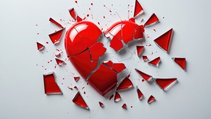 Creative image of a red heart symbol, shattered into tiny glass pieces set against a white backdrop. Metaphor for unfulfilled love is a broken heart.