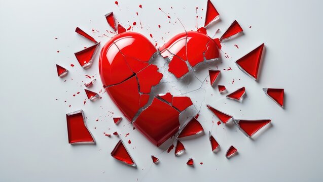 Creative image of a red heart symbol, shattered into tiny glass pieces set against a white backdrop. Metaphor for unfulfilled love is a broken heart.