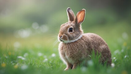 Healthy lovely bunny fluffy brown rabbits, adorable baby rabbit in a green garden nature setting. Close-up of a rabbit. Symbol of a festival animal.