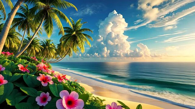 Beautiful tropical beach with palm trees, flowers, and turquoise ocean water