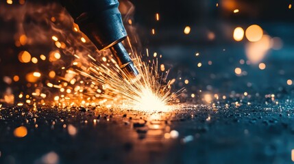 Close-up of welding sparks flying against a vibrant blue background, creating an industrial glow.
