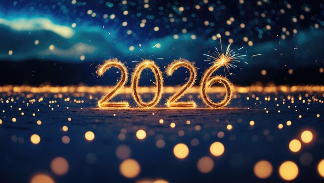 Happy New Year, celebration greeting card, elongated panorama - featuring sparkler font fireworks pyrotechnics, against a night sky backdrop.