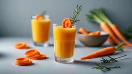 Fresh and healthy juice featuring carrot, selective focus.