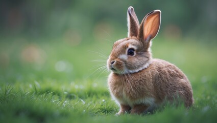 Fototapeta premium Lovely bunny fluffy brown rabbits, healthy cute baby rabbit in a green garden nature setting. Close-up of a rabbit. Symbol of a festival animal.