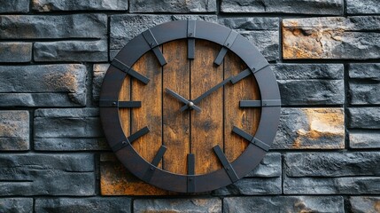 Fototapeta premium Rustic wooden wall clock on a stone wall.