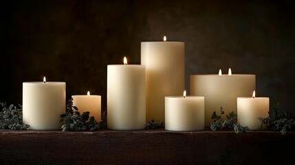 Seven lit ivory candles of varying heights arranged on a rustic wooden surface with greenery.