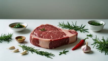 Cooking meat background. Aged raw beef t-bone steak, accompanied by spices and herbs for preparation on a white table surface from an overhead perspective.