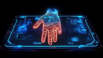 A futuristic glowing hand hologram appears above a digital screen