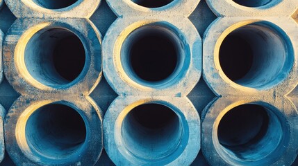 Concrete drainage pipes of different diameters arranged in rows, highlighting infrastructure and stormwater management.